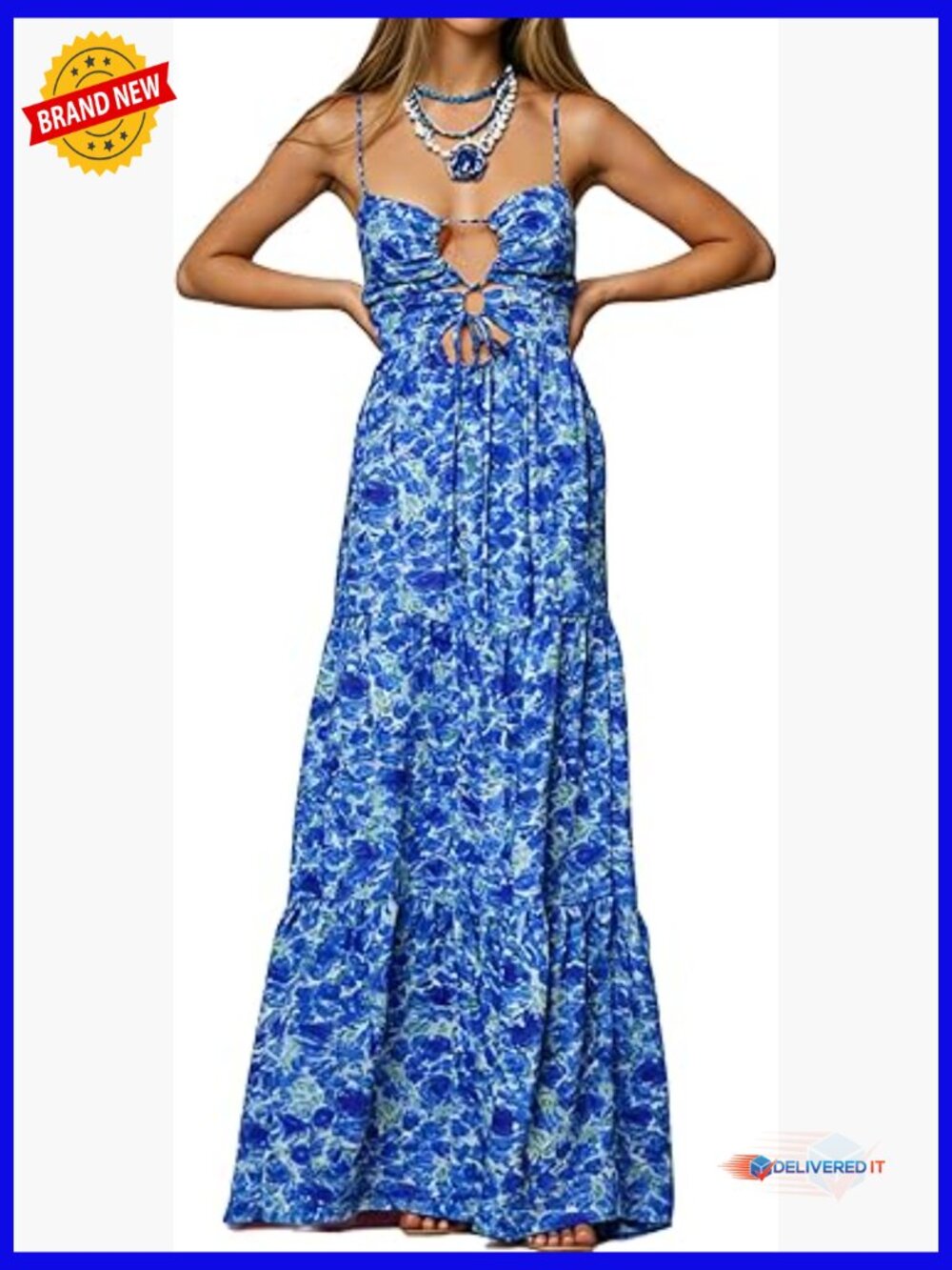 Spaghetti Strap Smocked Backless Flowy Tiered Maxi Sundress Boho Vacation